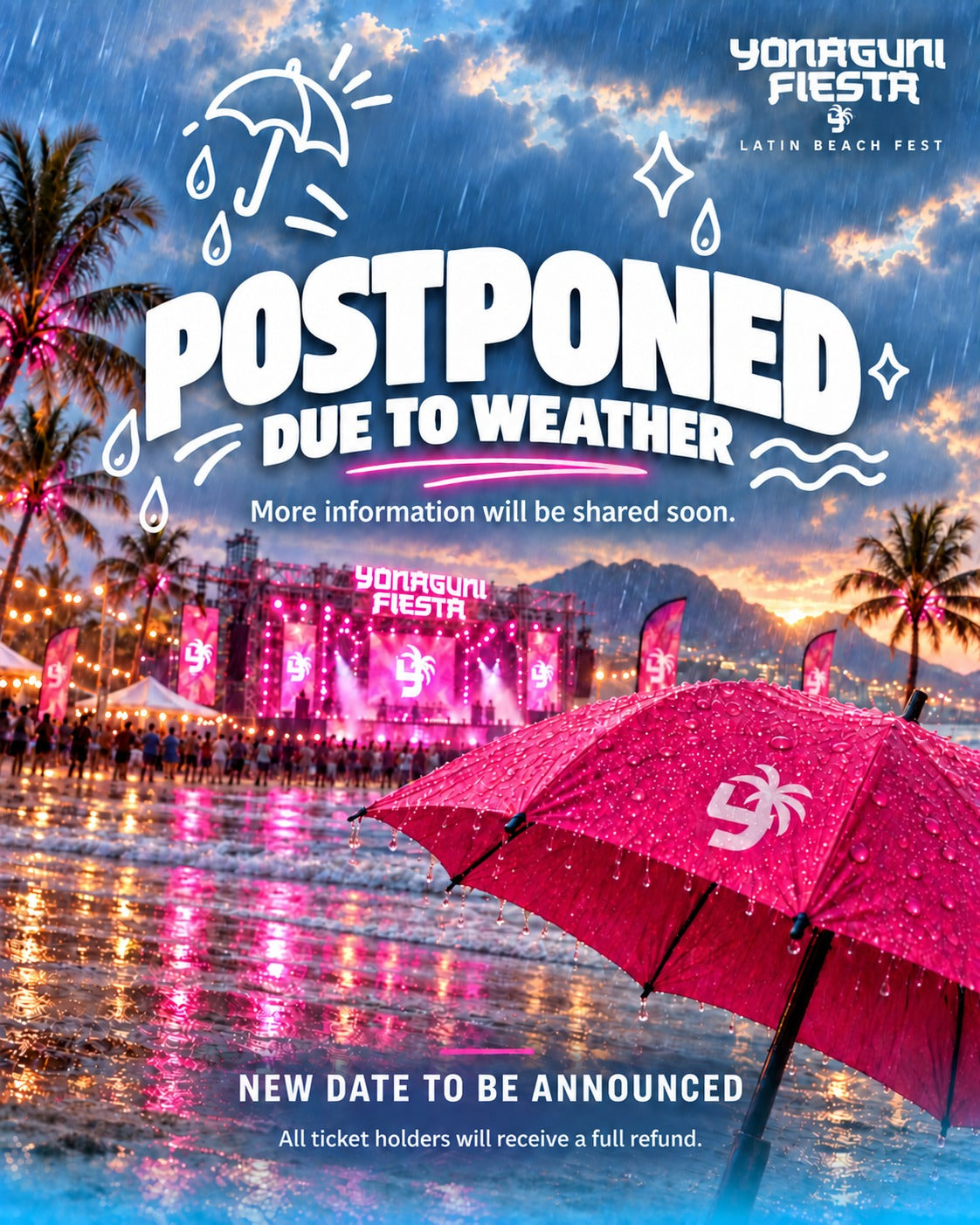 Yonaguni Latin Beach Fest at Rinku Beach postponed due to weather - new date to be announced - full refund for all ticket holders